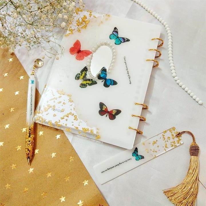 ست رزینی کلاسور، خودکارو بوکمارک پروانه و آینه